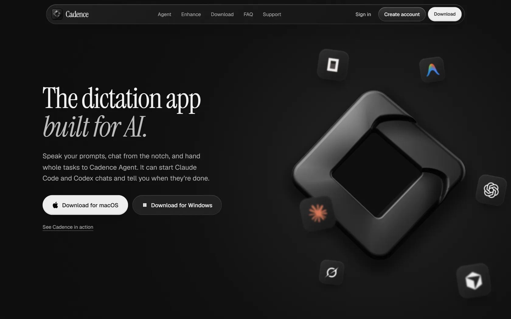 The Cadence homepage. A dark page headed 'The dictation app built for AI', with download buttons for macOS and Windows.