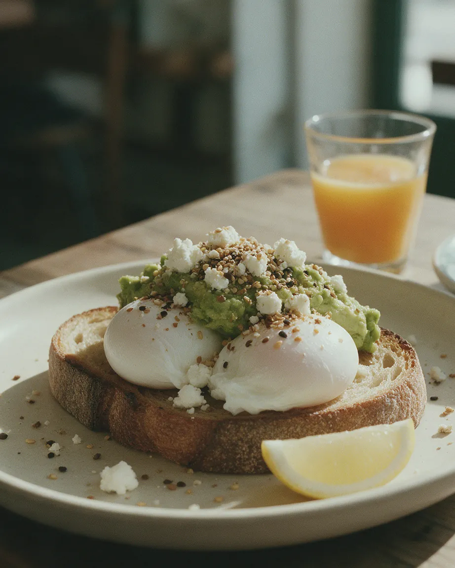 Poached eggs on sourdough with smashed avocado, feta and dukkah, a flat white and an orange juice beside it.
