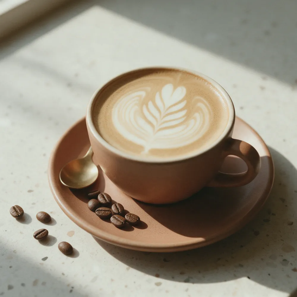 A flat white with leaf latte art in a terracotta cup, from above.