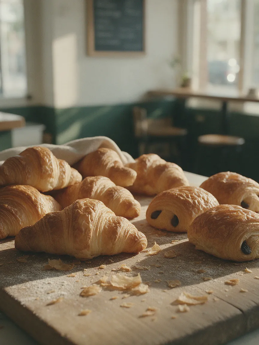 Croissants and pain au chocolat on a timber board, flakes everywhere.