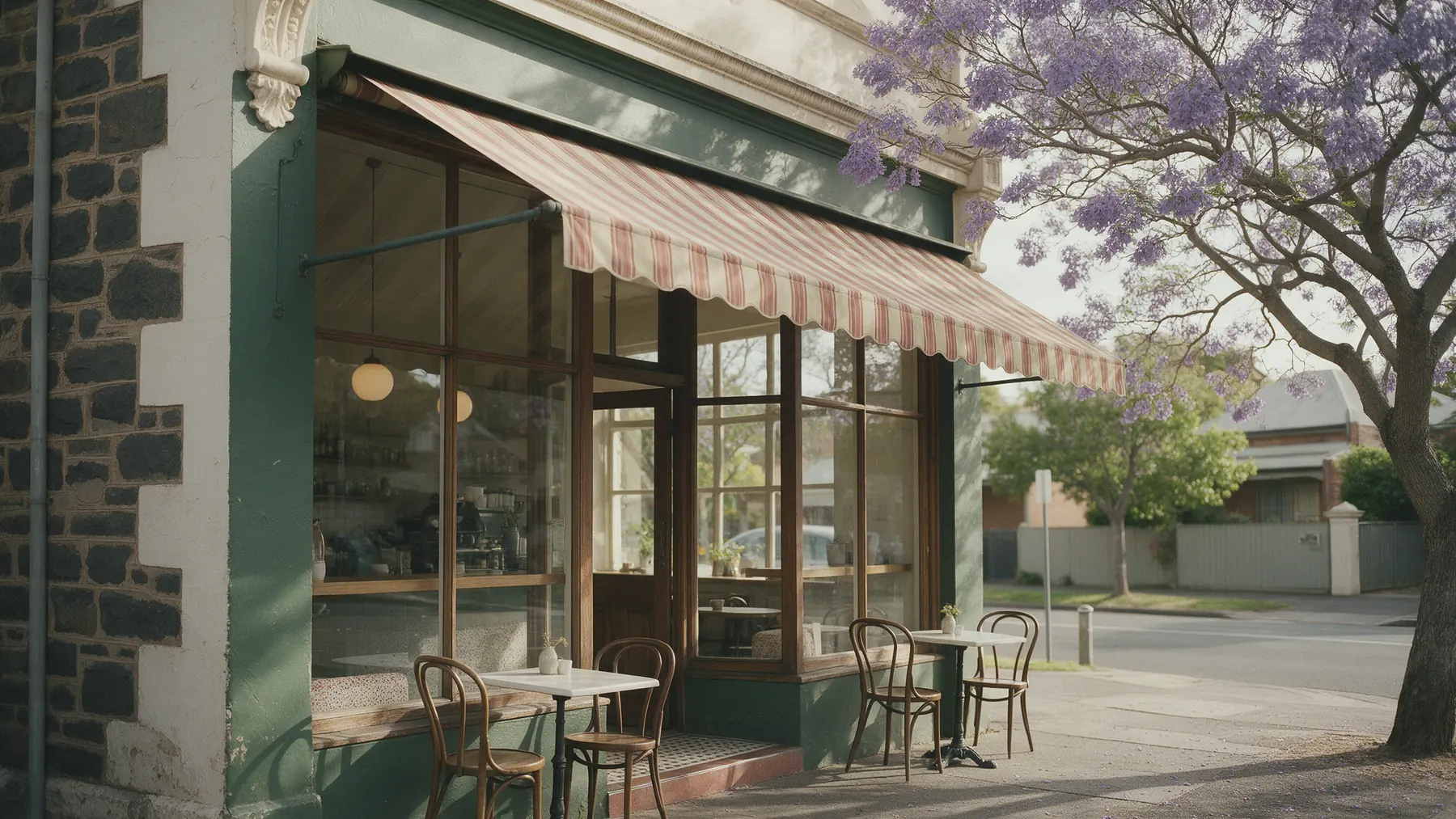 A green corner shopfront with a striped awning and two small tables, under a jacaranda in full purple bloom.