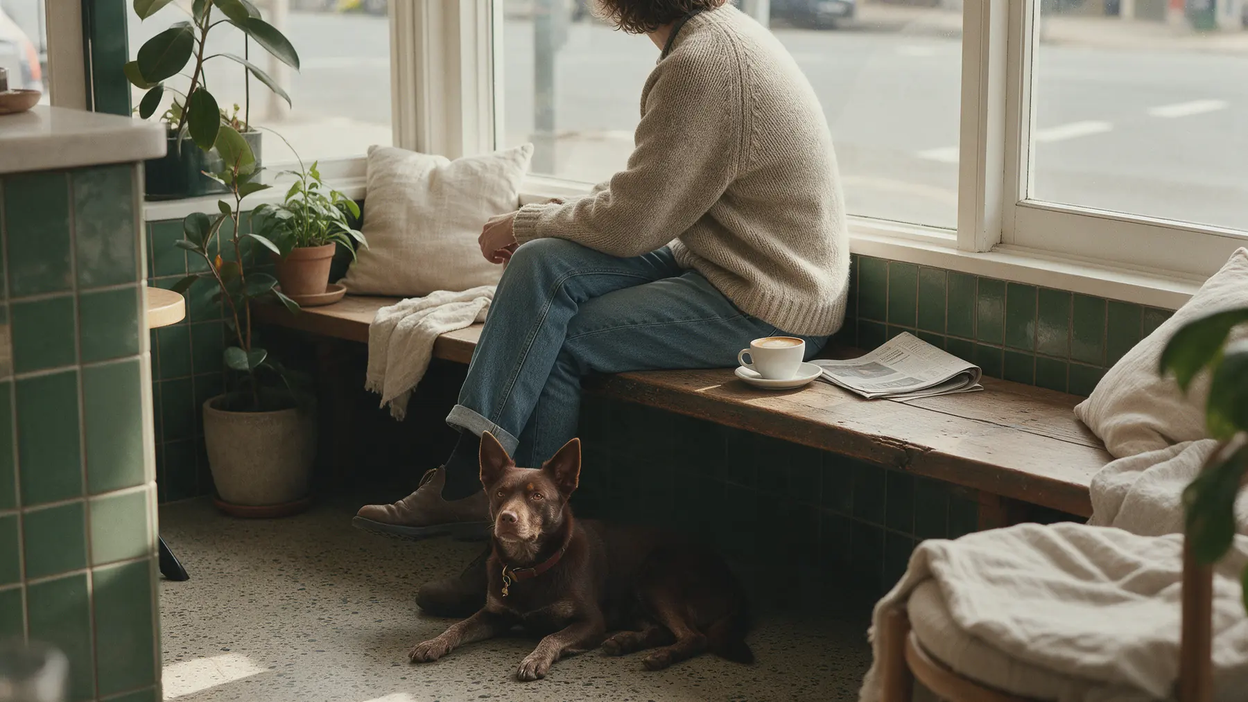 A regular on the window bench with a coffee and the paper, a red kelpie lying at their feet.